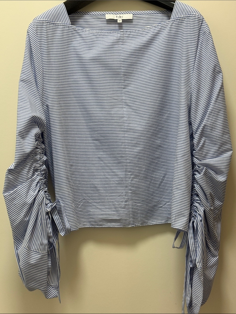 Tibi Light Blue Striped Ruched Tie-Sleeve Top Sz.10